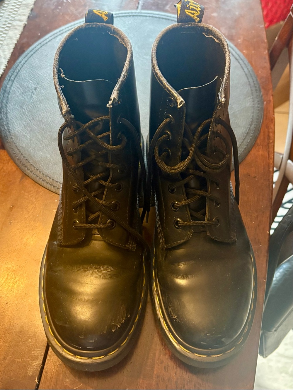 Dr. Martens Black Leather Lace-Up Boots with Yellow Stitching